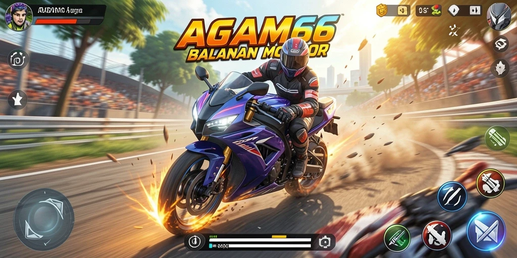 Tampilan gameplay AGAM66 yang penuh aksi saat balapan motor.