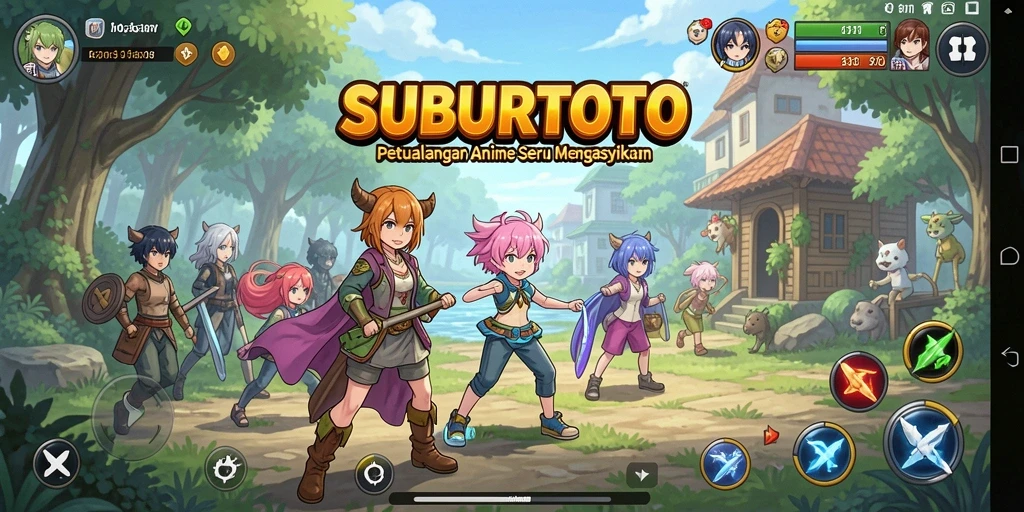 Screenshot gameplay SUBURTOTO yang menunjukkan karakter anime beraksi.